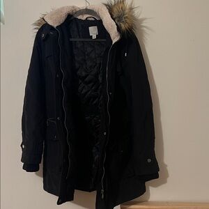 Halogen Black Quilted Jacket with Fur Hood